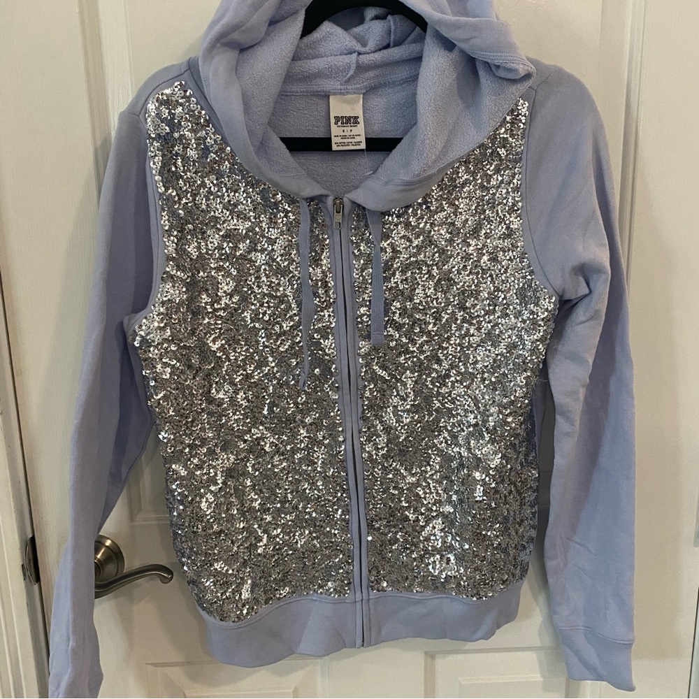 Victoria's Secret PINK Y2K Fashion Show Silver Sequins Size Small Blue Hoodie